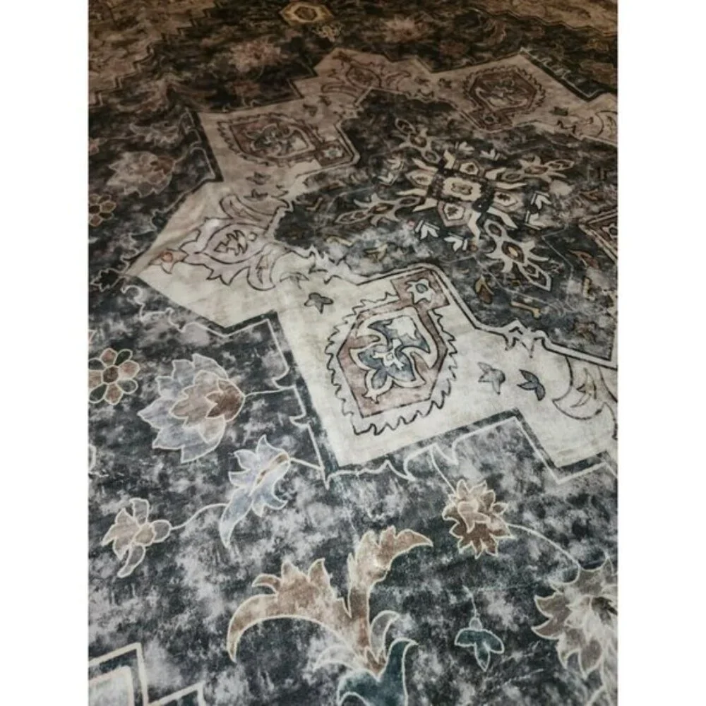 New 4x6 Washable Vintage Rug, Soft Distressed Brown/Grey Non-Slip Carpet